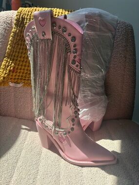 Dolls Kill Pink Rhinestone Fringe Heart Western Boots